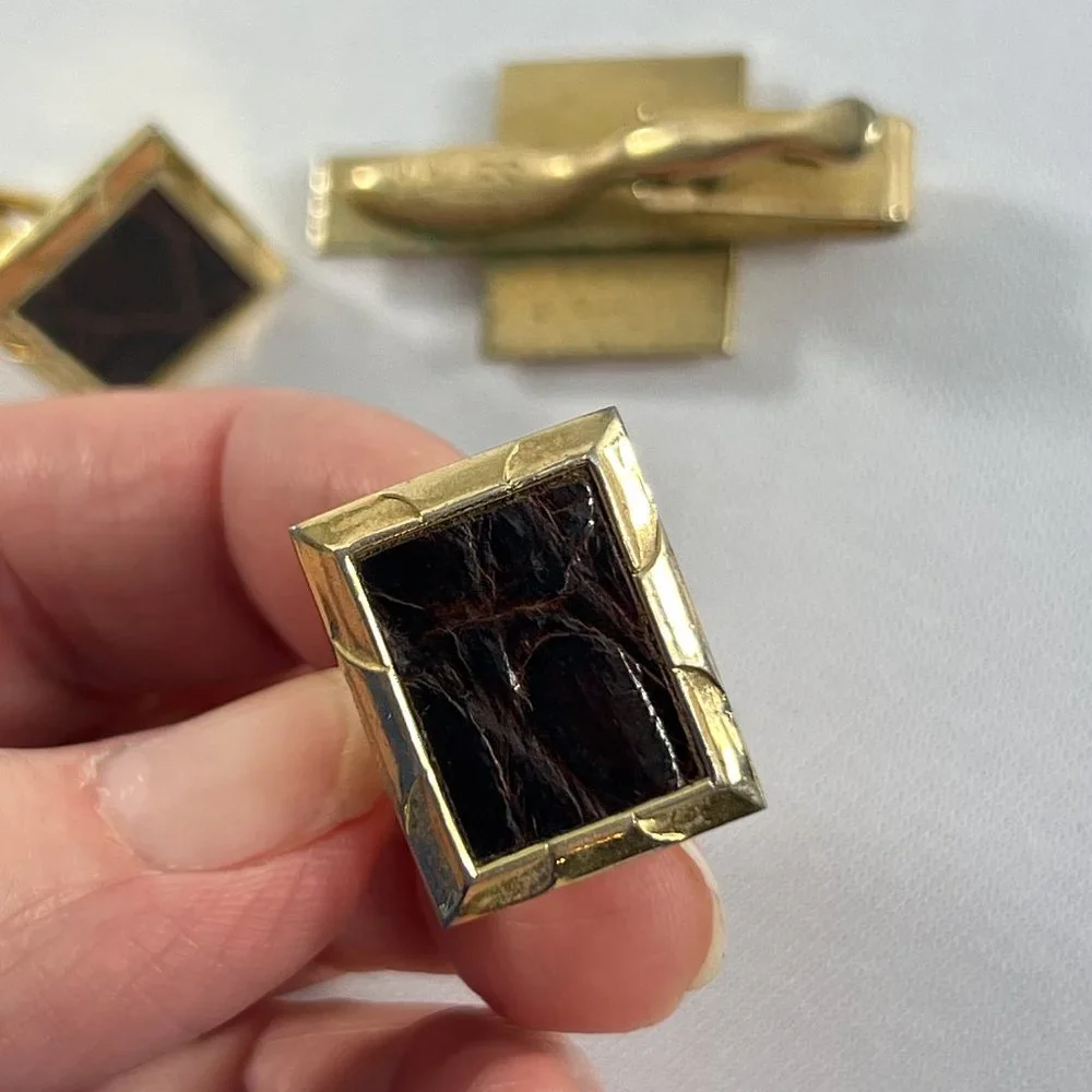 Vintage Wales Cuff Links Tie Tack Metal Textured Gold Tone Squared Leather Set